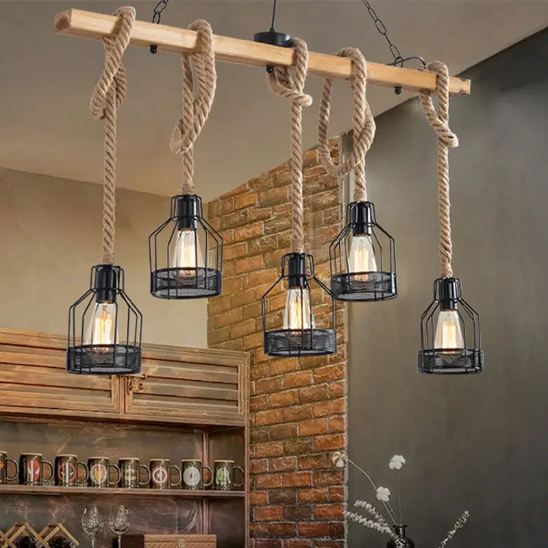 Industrial wood and metal bottle cage farmhouse pendant lamp dining room