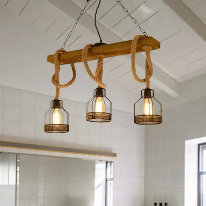 Industrial wood and rope caged restaurant island lighting kitchen chandelier