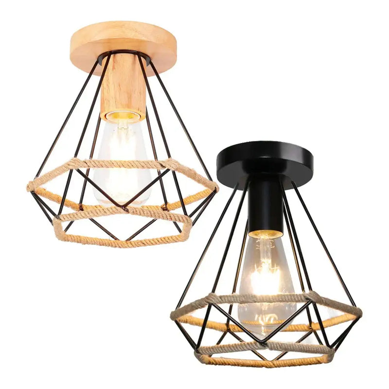 Industrial wood & black vintage ceiling light kitchen cage decor