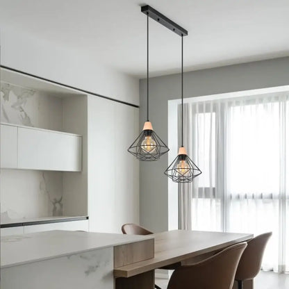 Industrial wood ceiling chandelier black metal cage bedroom light