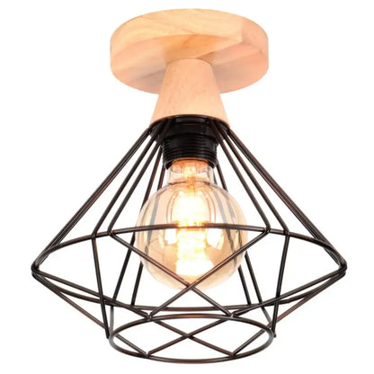 Industrial wood ceiling chandelier black metal cage bedroom light