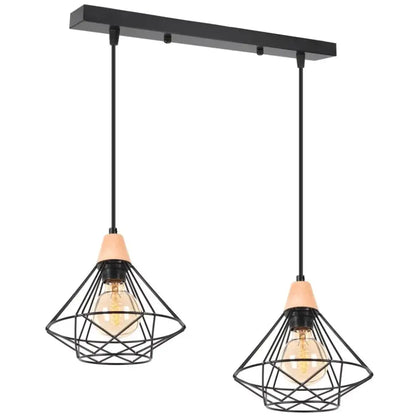 Industrial wood ceiling chandelier black metal cage bedroom light
