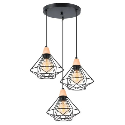 Industrial wood ceiling chandelier black metal cage bedroom light