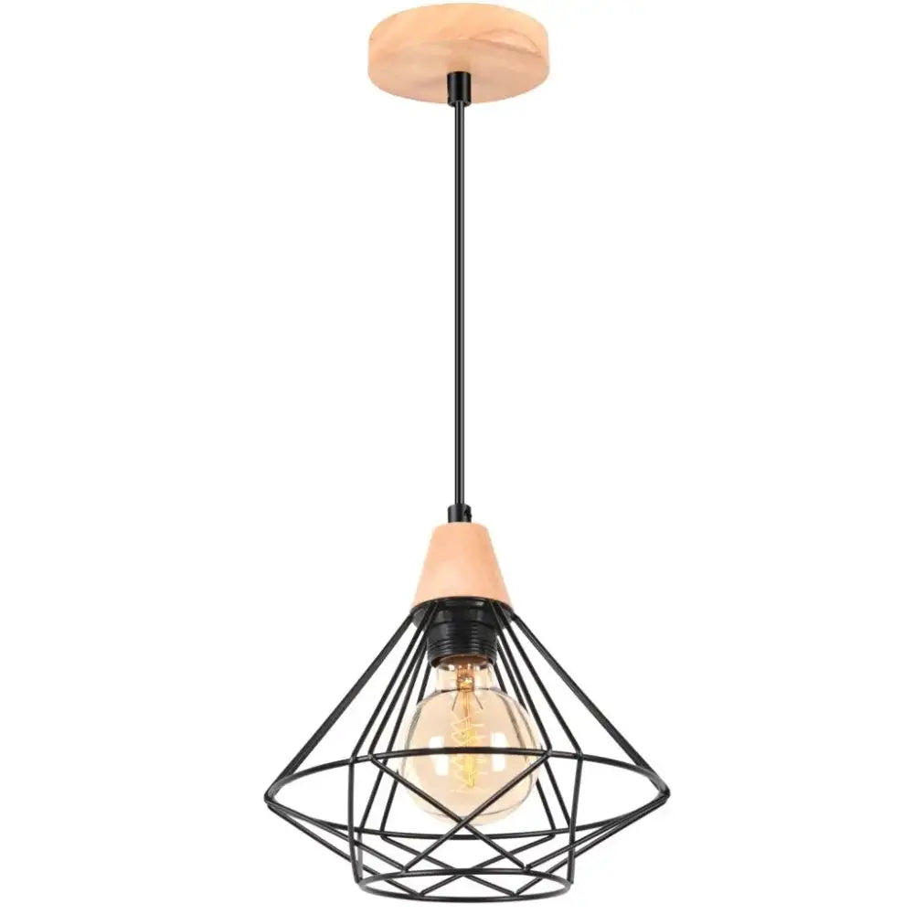 Industrial wood ceiling chandelier black metal cage bedroom light