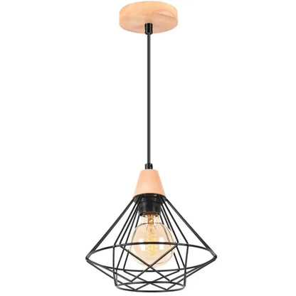 Industrial wood ceiling chandelier black metal cage bedroom light