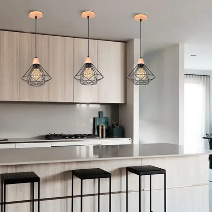 Industrial wood ceiling chandelier black metal cage bedroom light