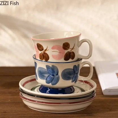 Ink flowers ceramic cup and saucer set dining room floral teacup