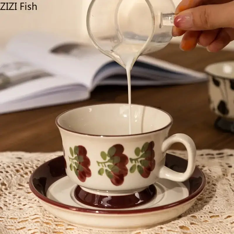 Ink flowers ceramic cup and saucer set dining room floral teacup