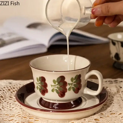 Ink flowers ceramic cup and saucer set dining room floral teacup