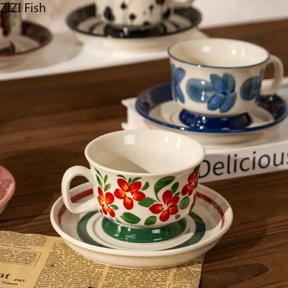 Ink flowers ceramic cup and saucer set dining room floral teacup