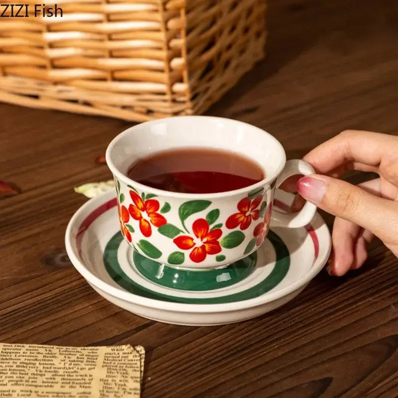 Ink flowers ceramic cup and saucer set dining room floral teacup