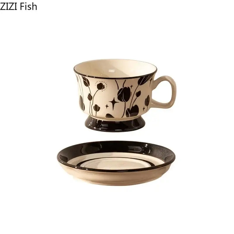 Ink flowers ceramic cup and saucer set dining room floral teacup
