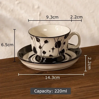 Ink flowers ceramic cup and saucer set dining room floral teacup