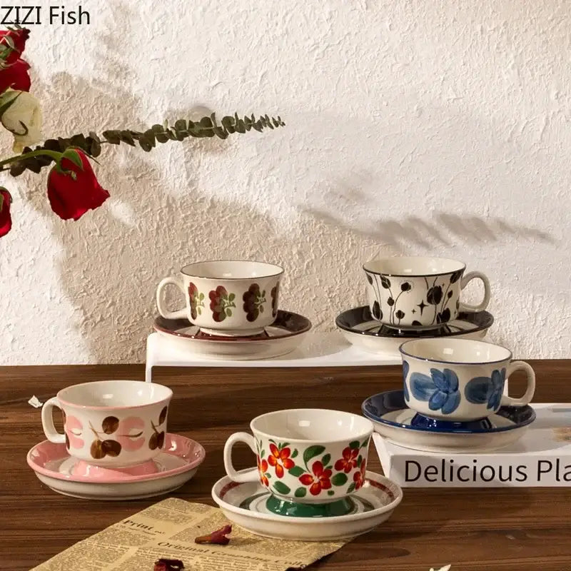 Ink flowers ceramic cup and saucer set dining room floral teacup