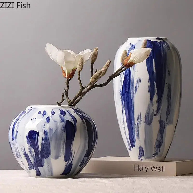 Ink style blue & white ceramic vase set living room decor