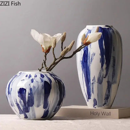 Ink style blue & white ceramic vase set living room decor