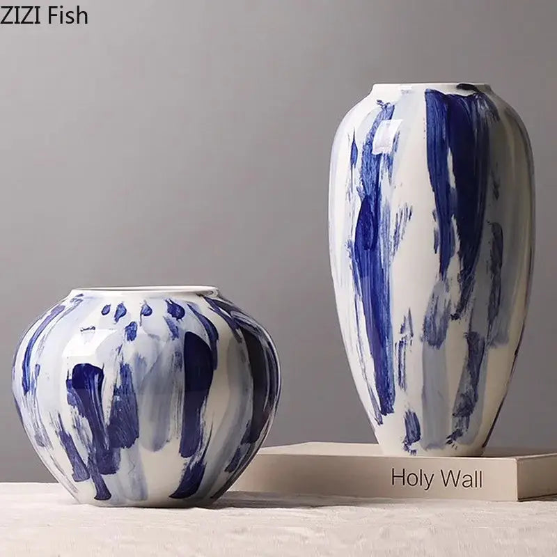 Ink style blue & white ceramic vase set living room decor
