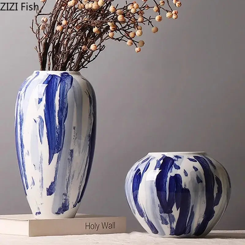 Ink style blue & white ceramic vase set living room decor