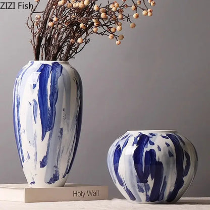 Ink style blue & white ceramic vase set living room decor