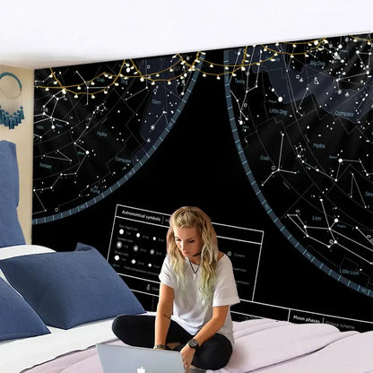 Interstellar sky map constellations black celestial tapestry bedroom
