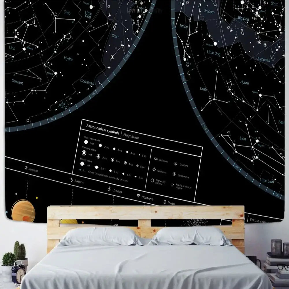 Interstellar sky map constellations black celestial tapestry bedroom