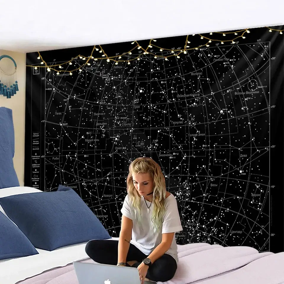 Interstellar sky map constellations black celestial tapestry bedroom