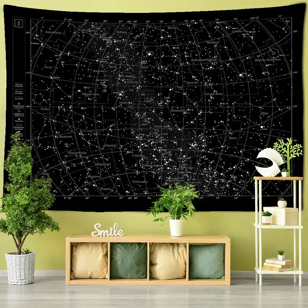 Interstellar sky map constellations black celestial tapestry bedroom