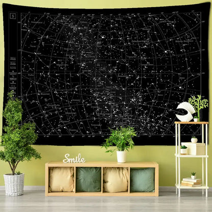 Interstellar sky map constellations black celestial tapestry bedroom