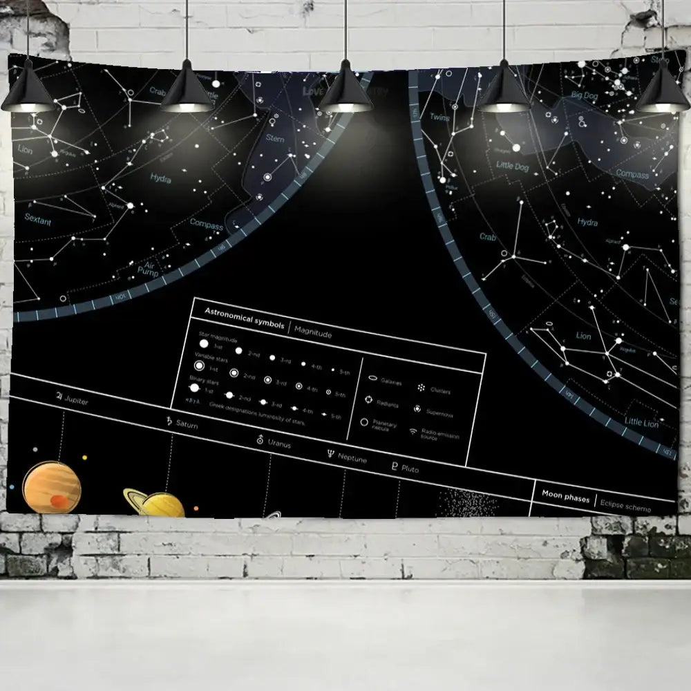 Interstellar sky map constellations black celestial tapestry bedroom