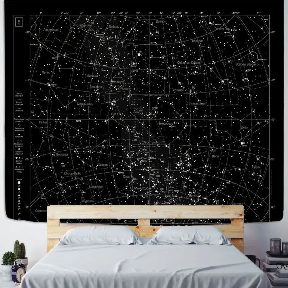 Interstellar sky map constellations black celestial tapestry bedroom