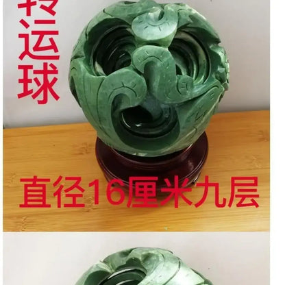 Intricate green jade stone dragon phoenix ball living room decor
