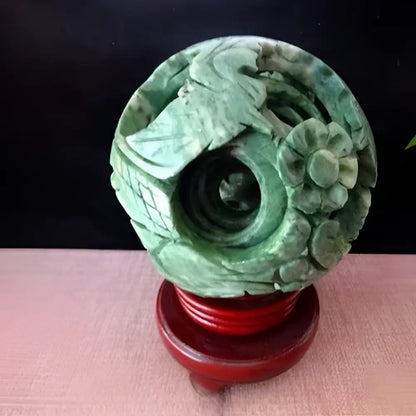 Intricate green jade stone dragon phoenix ball living room decor