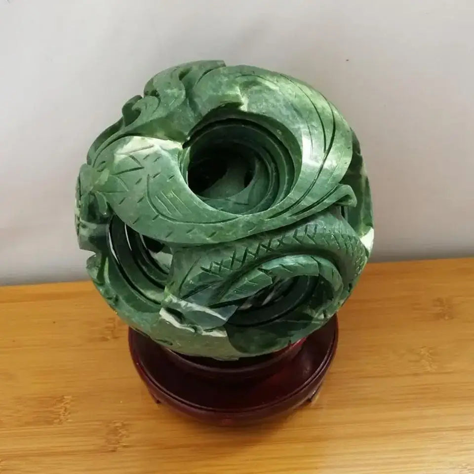 Intricate green jade stone dragon phoenix ball living room decor