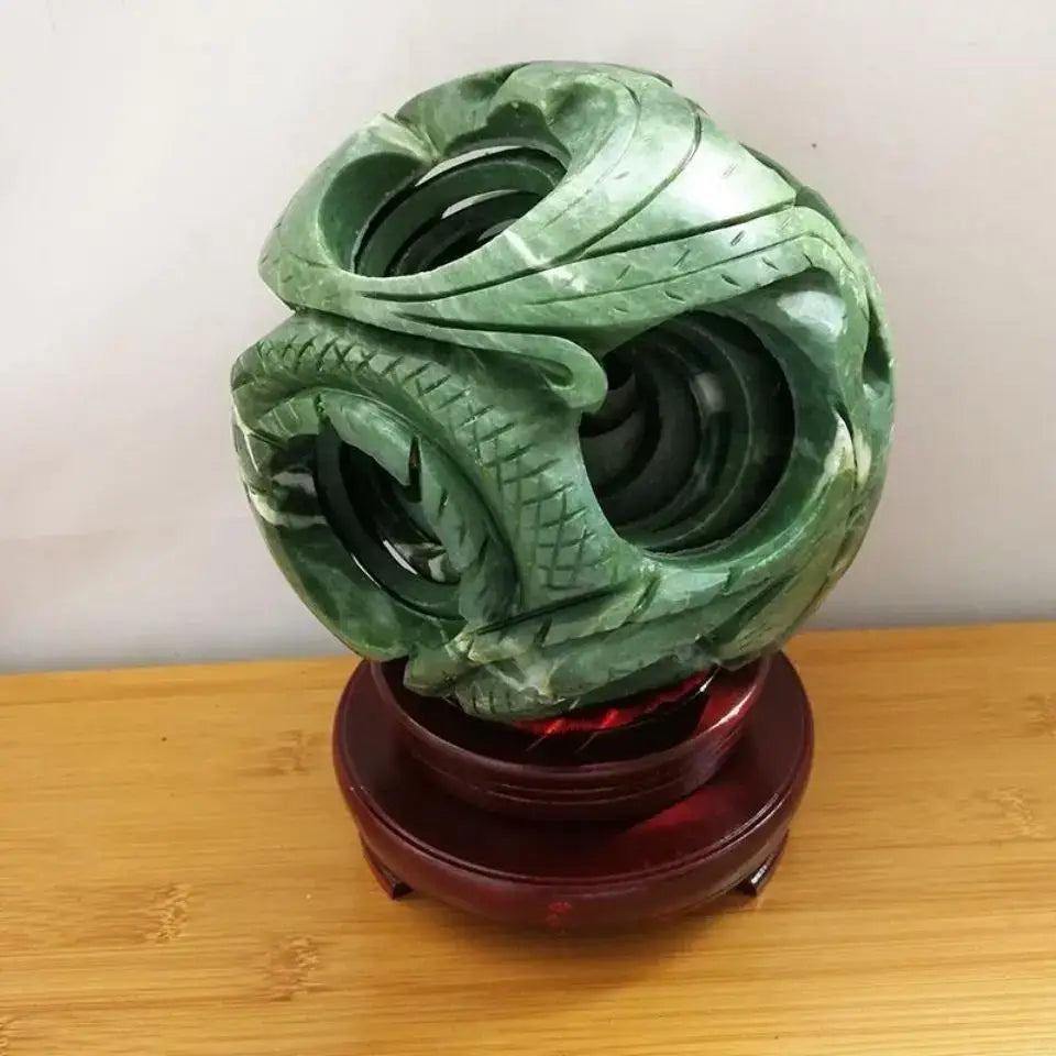Intricate green jade stone dragon phoenix ball living room decor