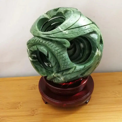 Intricate green jade stone dragon phoenix ball living room decor