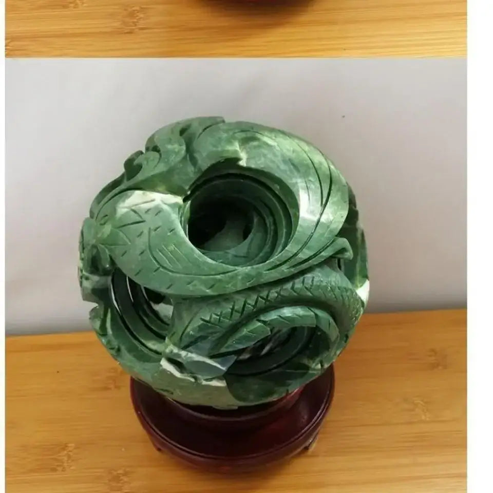 Intricate green jade stone dragon phoenix ball living room decor