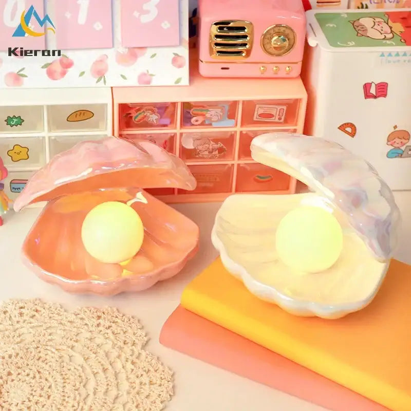 Iridescent ceramic shell pearl led night light for bedroom