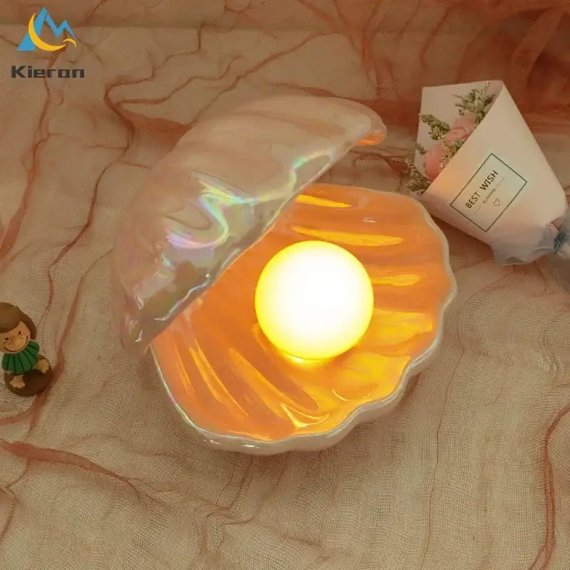 Iridescent ceramic shell pearl led night light for bedroom