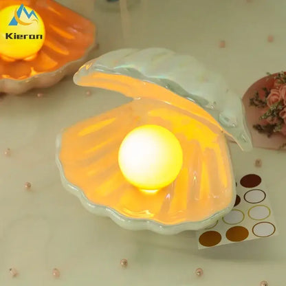 Iridescent ceramic shell pearl led night light for bedroom