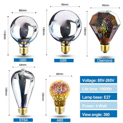 Iridescent geometric 3d fireworks led bulb bedroom star night light