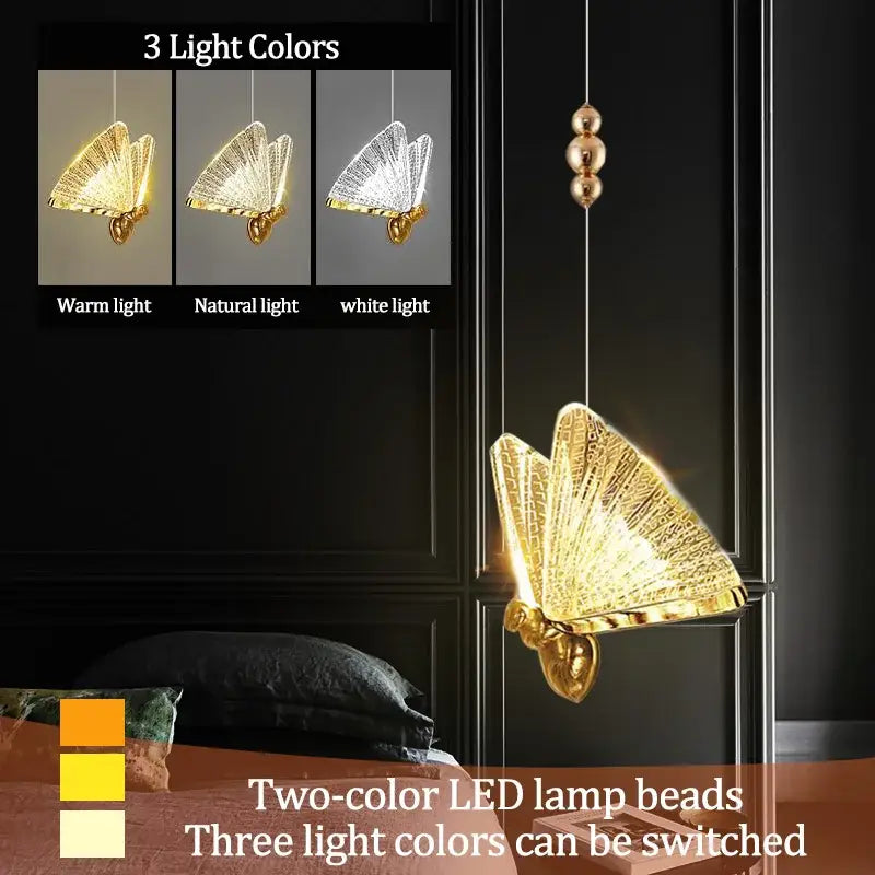 Iridescent gold butterfly pendant light for bedroom living room