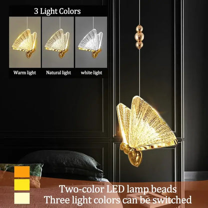 Iridescent gold butterfly pendant light for bedroom living room