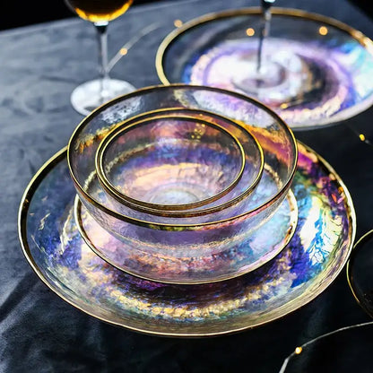 Iridescent gold rim glass salad bowl dining room tableware