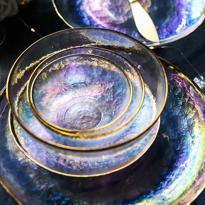 Iridescent gold rim glass salad bowl dining room tableware