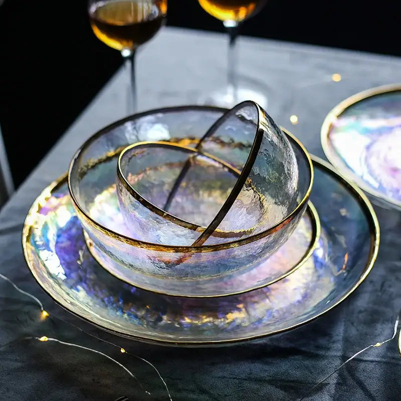 Iridescent gold rim glass salad bowl dining room tableware