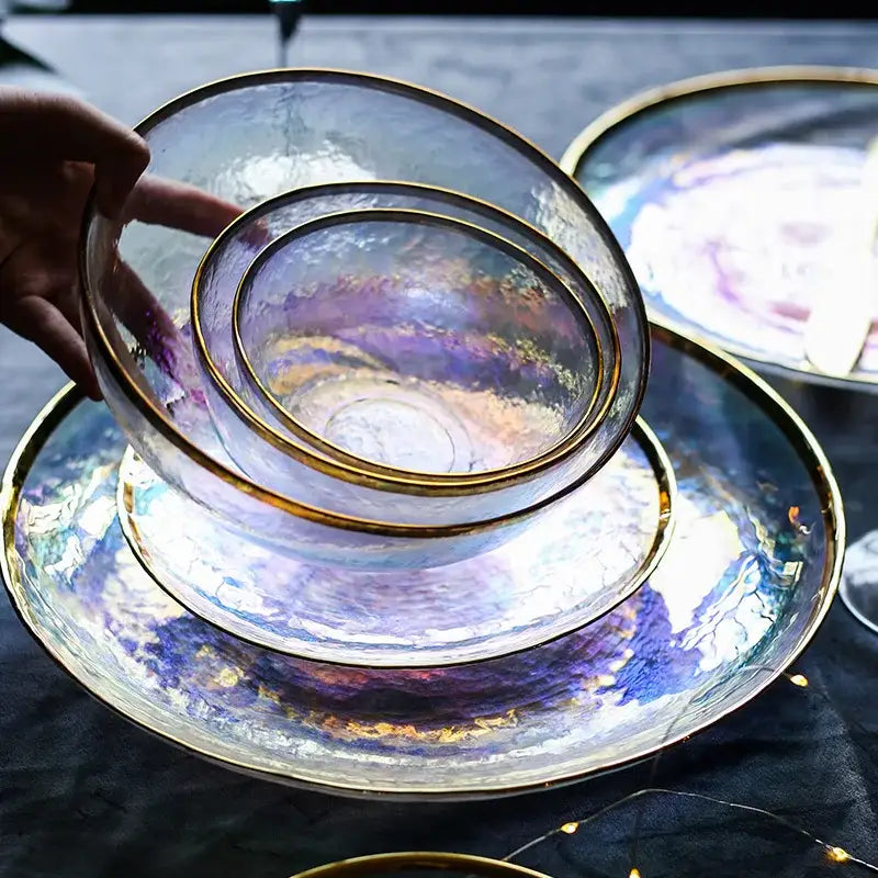 Iridescent gold rim glass salad bowl dining room tableware