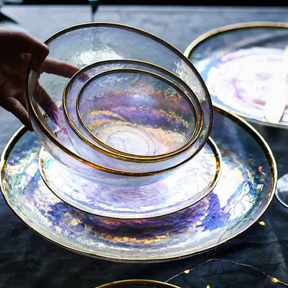 Iridescent gold rim glass salad bowl dining room tableware