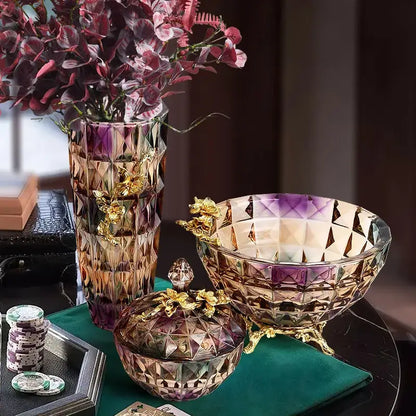 Iris crystal glass gold leaf dessert bowl dining room ornate feet