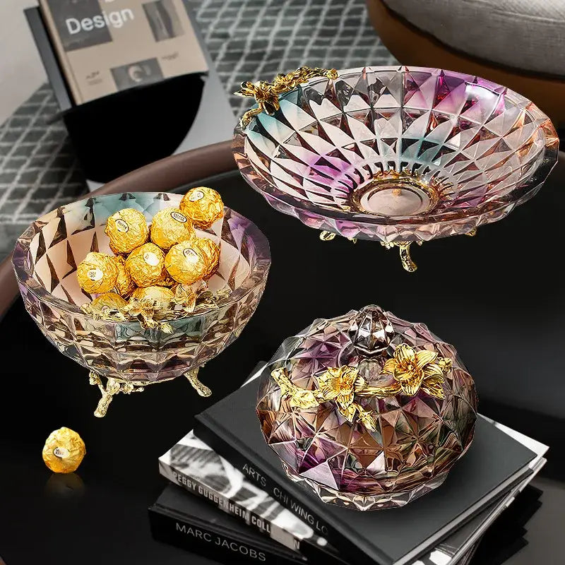 Iris crystal glass gold leaf dessert bowl dining room ornate feet