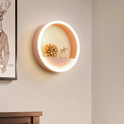DecorBites™ Iron Hoop Flush Mount Wall Light: Macaron Pink/Blue, 12"/16" Wide LED Sconce with Storage Rack – Warm/White Light